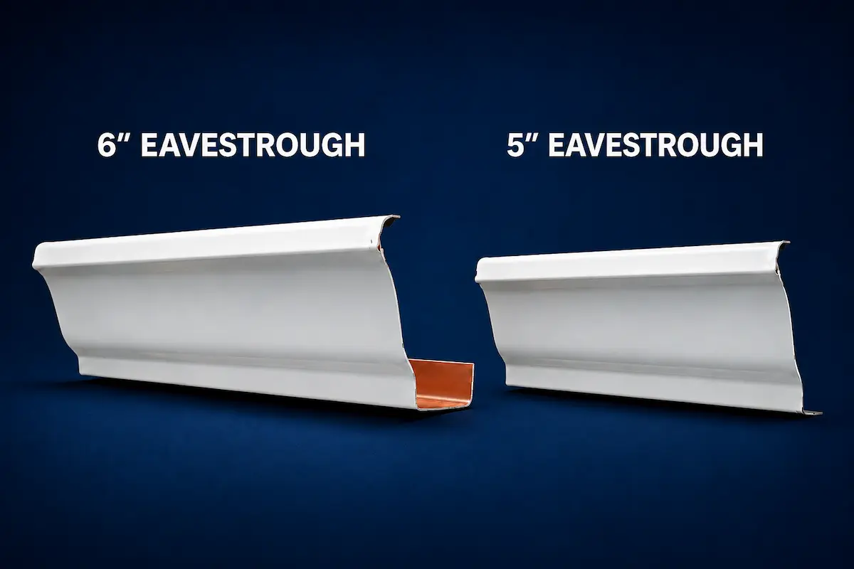 Side-by-side comparison of 6-inch and 5-inch white aluminum eavestrough profiles