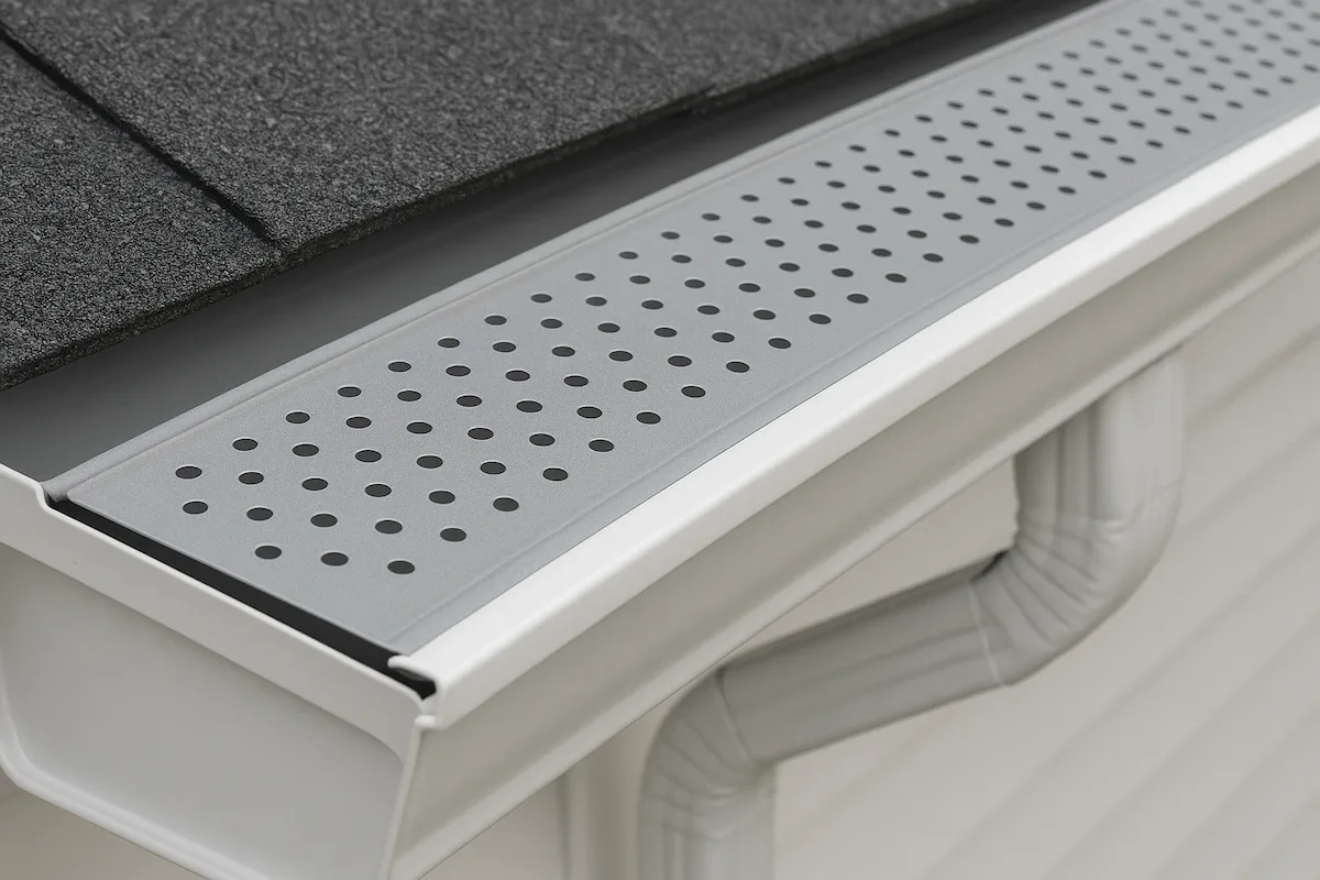 Alu-Rex perforated aluminum gutter guard installed over a white eavestrough