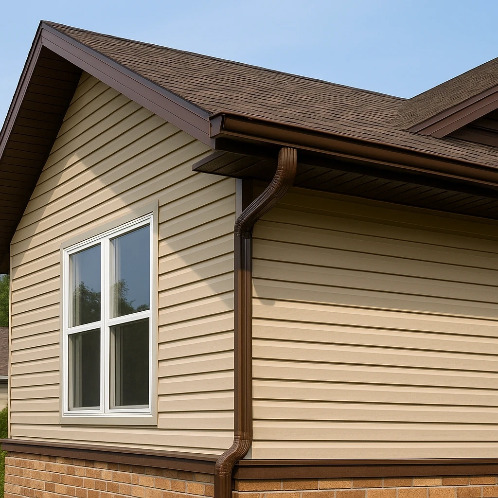 Brown Eavestrough on a home in Niagara Falls Brown eavestrough and downspout installed by Great Northern Home Exteriors on a vinyl-sided home in Niagara Falls.