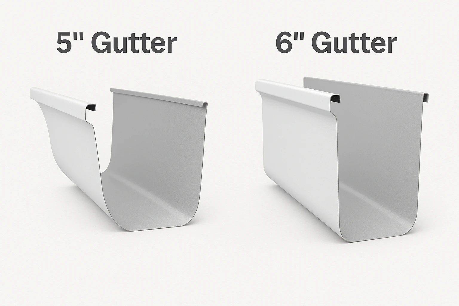 Comparison of 5-inch and 6-inch seamless aluminum gutters showing the size difference.