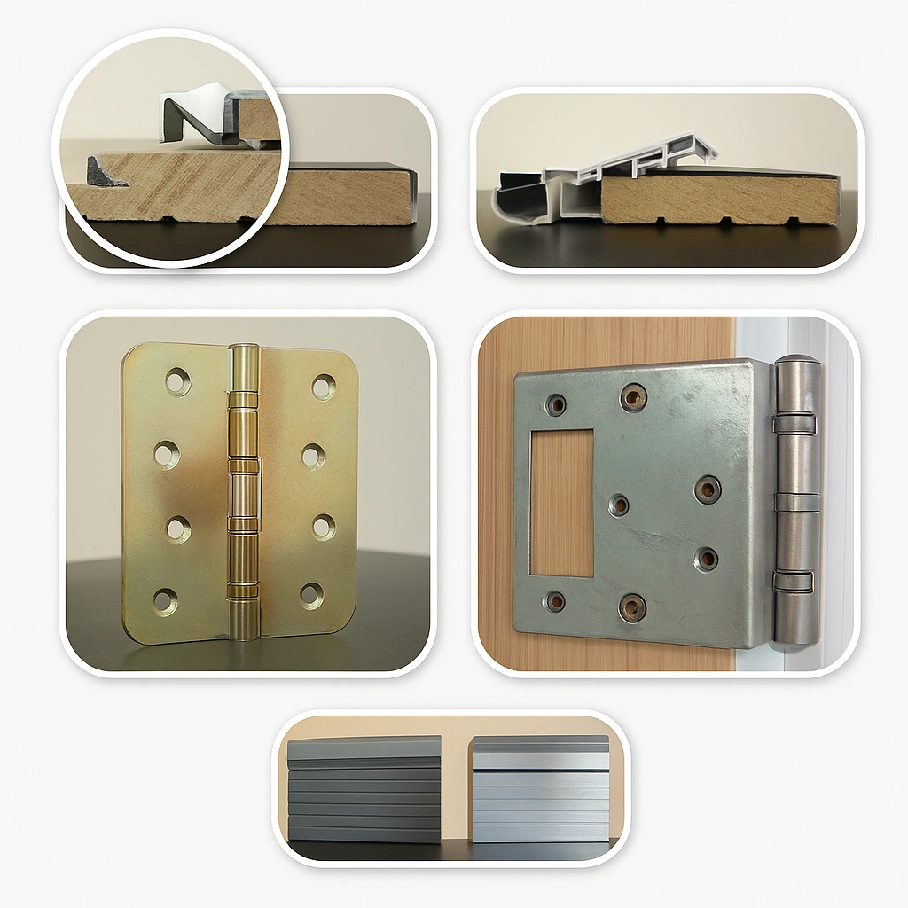 Collage showing door finishing components including foam compression weatherstripping on wood and composite frames, low-profile and adjustable door sills, heavy-duty ball-bearing hinges, and reinforced hinge plates used in premium entry door systems.
