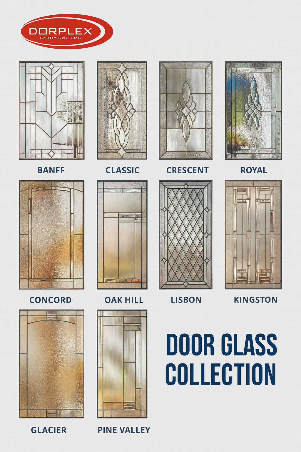 Dorplex entry door glass collections — decorative glass styles for steel and fiberglass doors