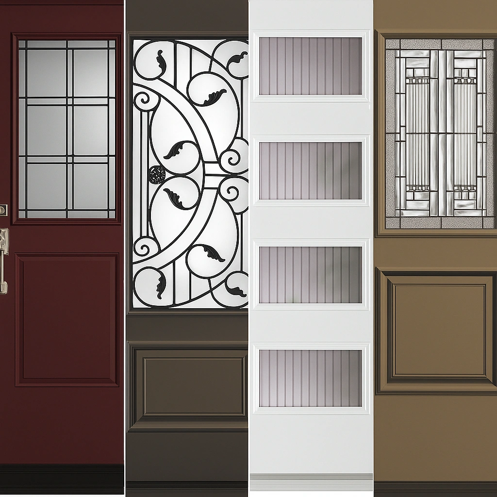 Collage of four Dorplex entry door glass styles, including modern grid glass, decorative wrought-iron glass, contemporary textured glass, and Canadian Legacy geometric glass—showing the variety of privacy and design options available for entry doors.
