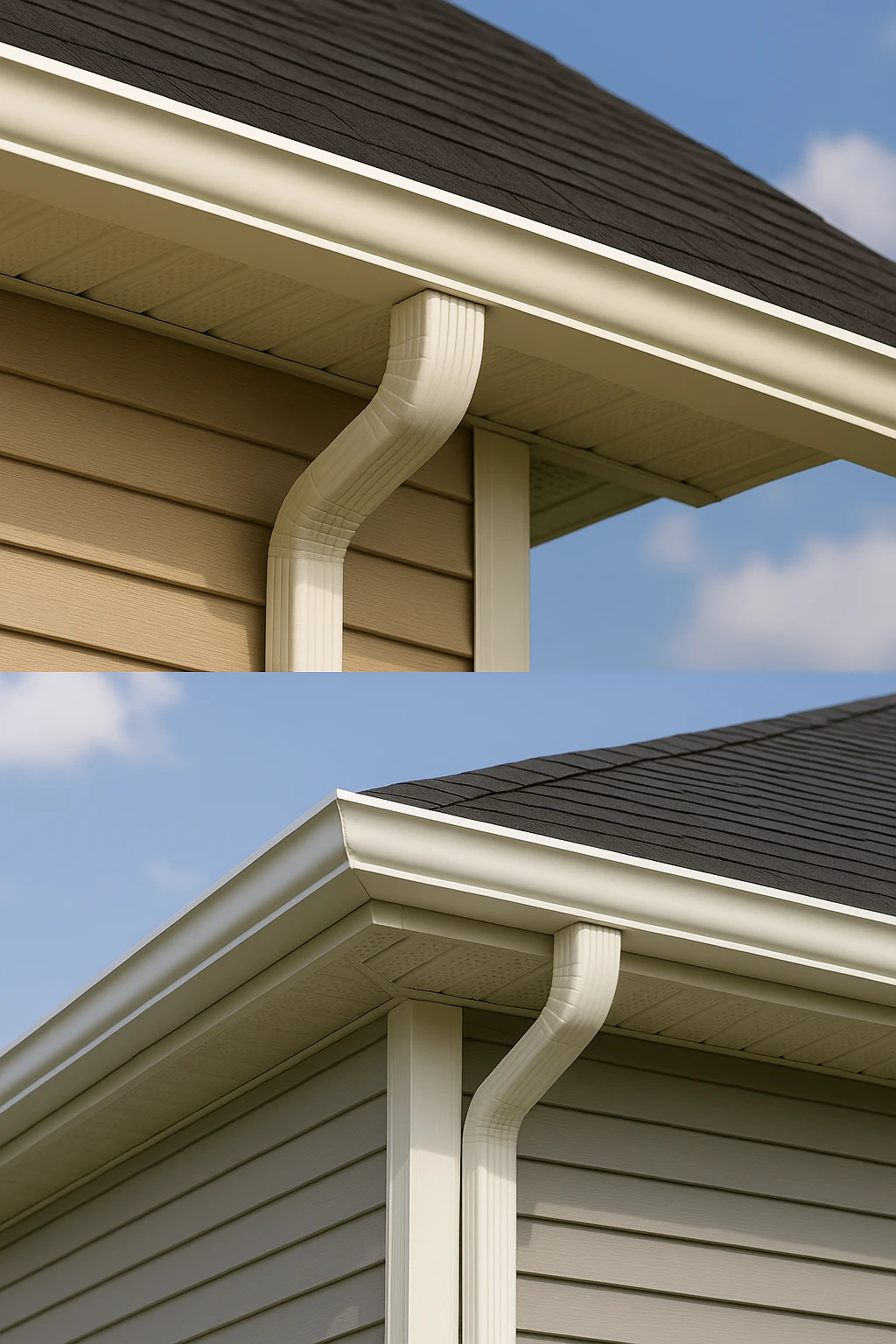 Comparison of 5-inch and 6-inch seamless aluminum eavestrough installations on modern homes