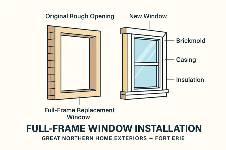 Diagram showing original rough opening and new full-frame replacement window with brickmould, casing and insulation for a Fort Erie home.
