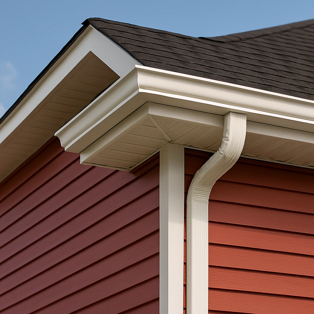 Close-up of seamless eavestrough with matching soffit and fascia installed on a home with red vinyl siding.