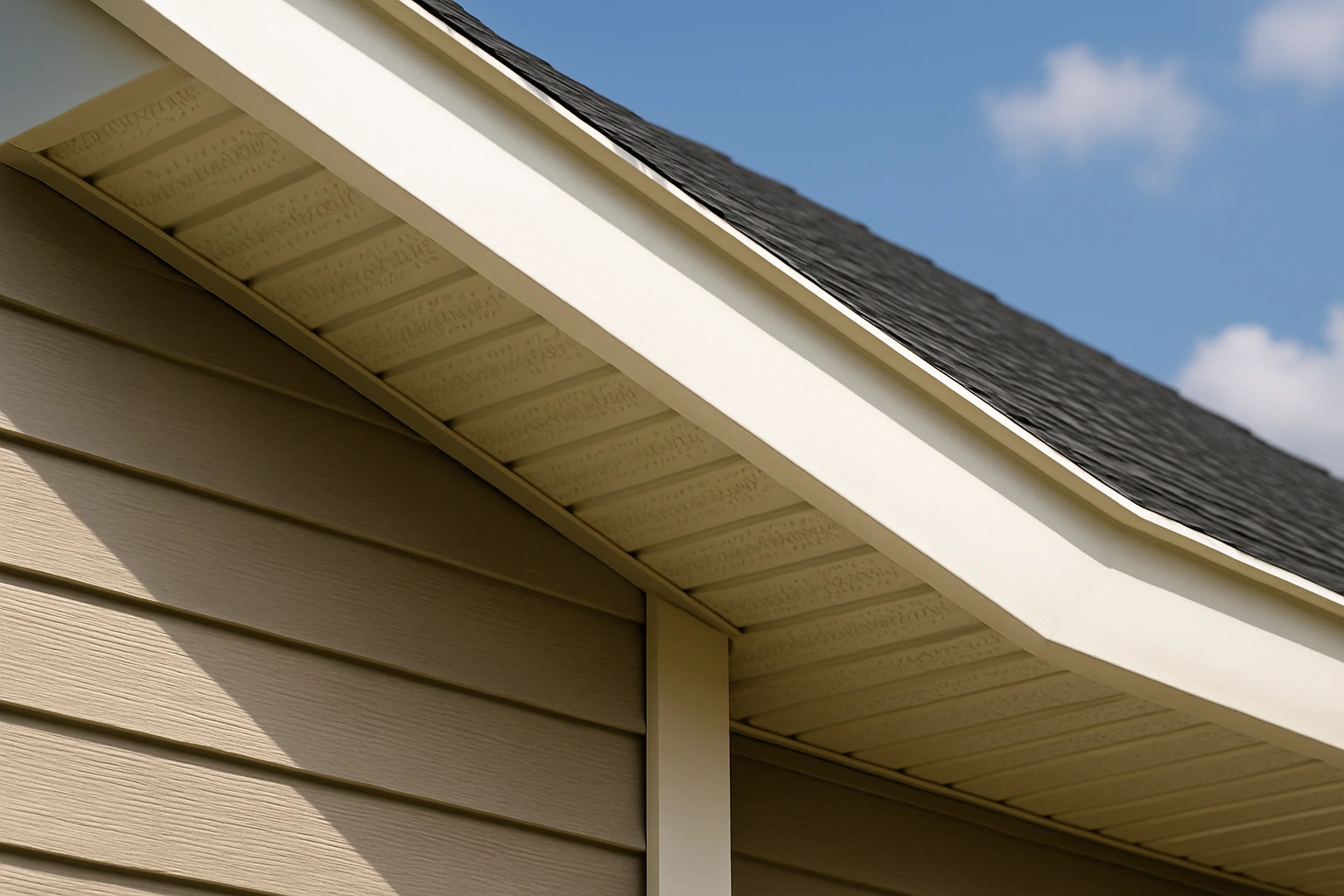Vented soffit and matching aluminum fascia installed on a modern home exterior