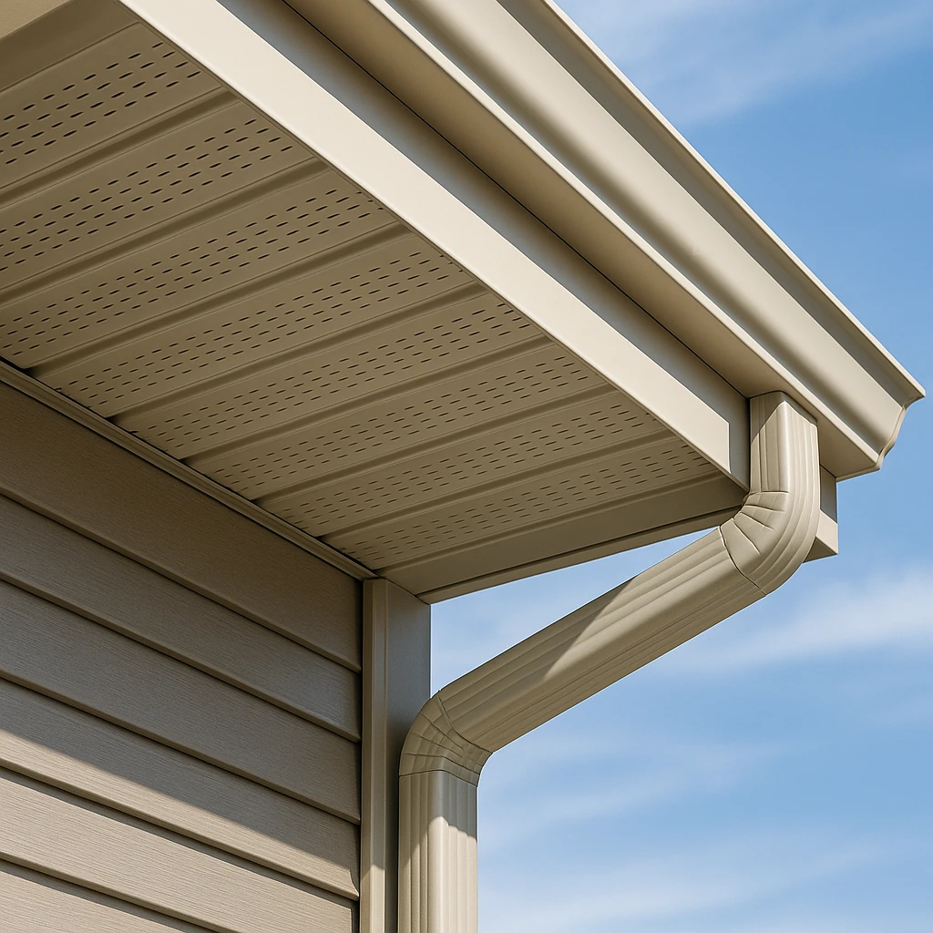Aluminum soffit, fascia, and eavestrough system shown on a residential home.