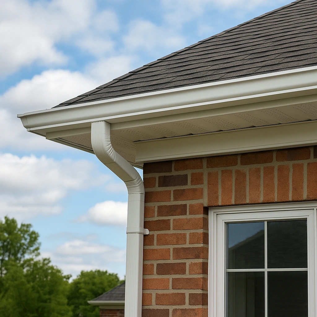 Seamless aluminum eavestrough and downspout installed on a brick home.