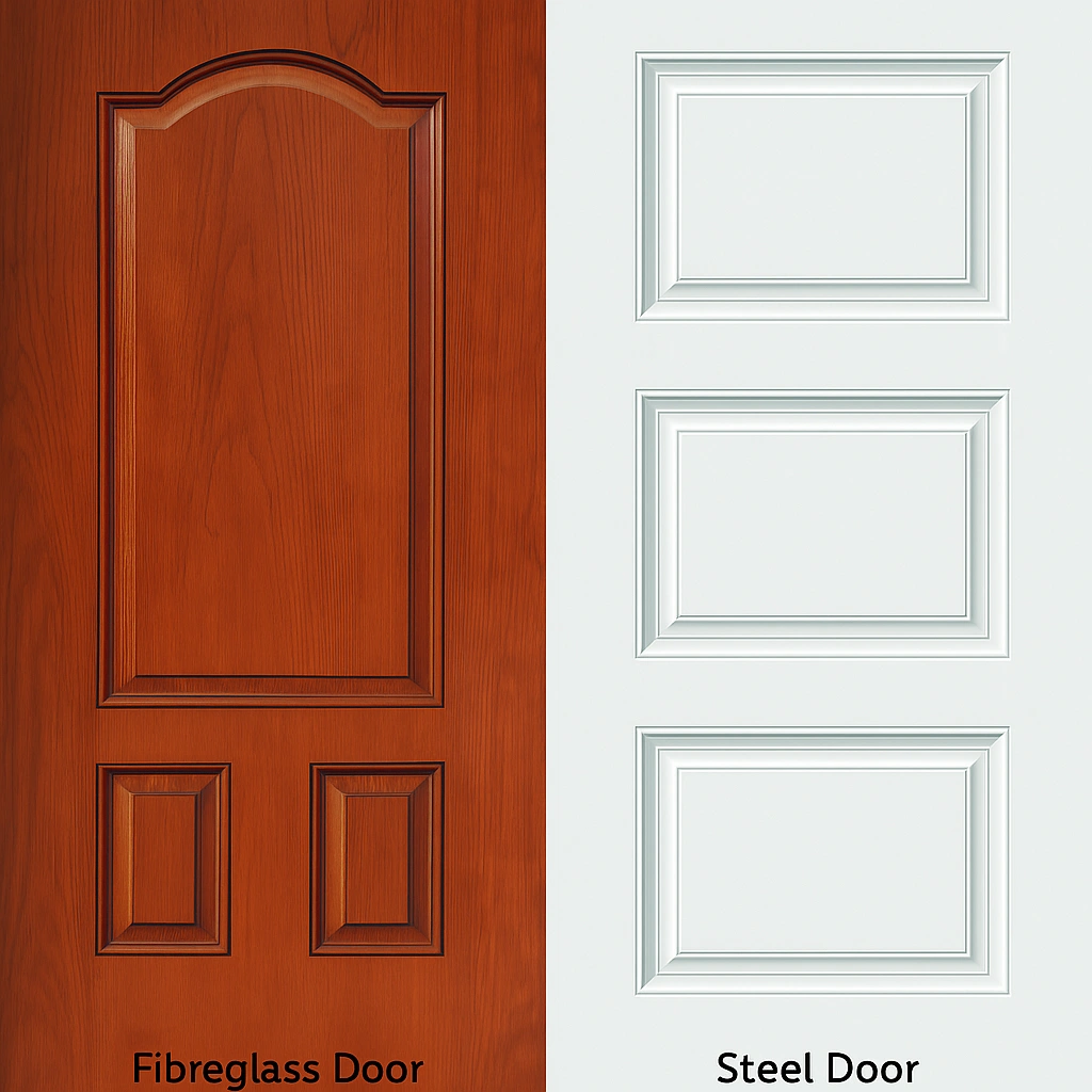 Side-by-side comparison of a wood-grain fiberglass entry door and a smooth white steel entry door, highlighting the difference in panel style, texture, and material quality.