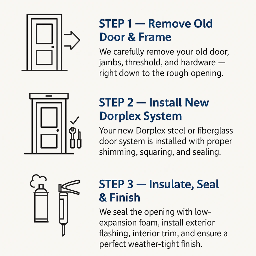 The Steps Great Northern Home Exteriors Inc. uses to install a Dorplex Steel Door
