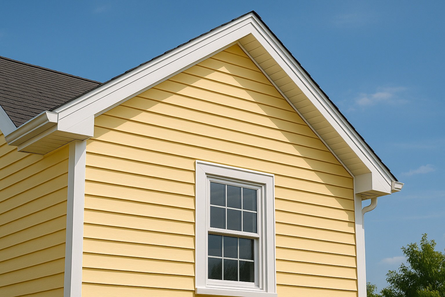 Yellow vinyl siding installation on a home exterior with white trim by Great Northern Home Exteriors in the Niagara Region.